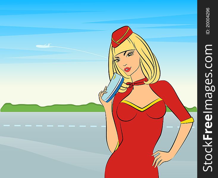 Beautiful stewardess with air ticket, illustration for a design. Beautiful stewardess with air ticket, illustration for a design
