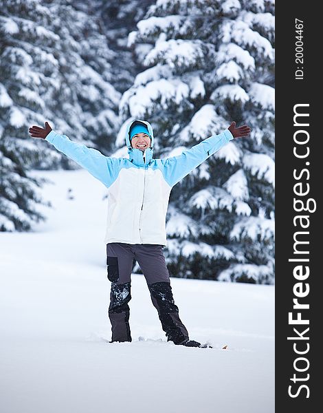 Hiker walks in snow forest. Hiker walks in snow forest