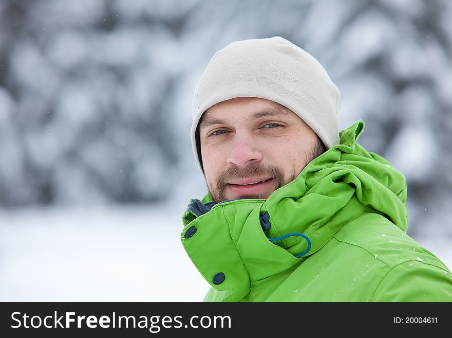 Portrait of the hiker that stands in snow. Portrait of the hiker that stands in snow