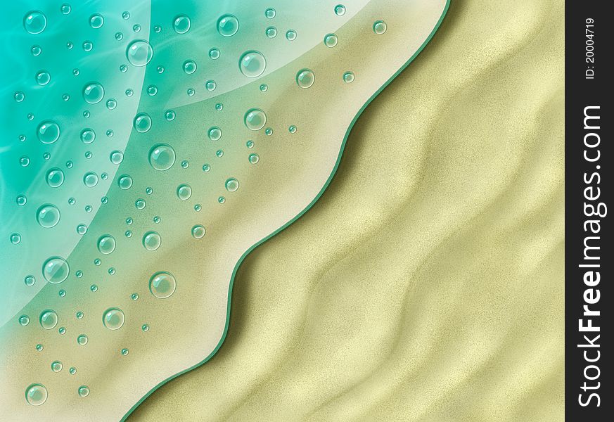 Background of turquoise wave, sand and shiny drops. Background of turquoise wave, sand and shiny drops