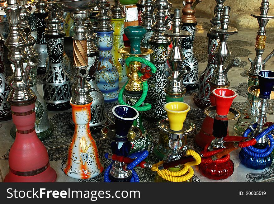 Colorful Hookah pipes in an Egyptian market. Colorful Hookah pipes in an Egyptian market