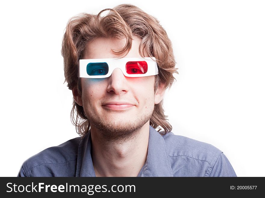 Portrait of a man in a 3D stereo glasses