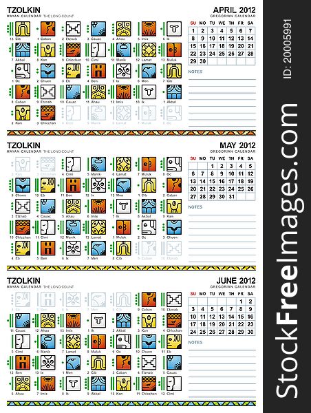 Mayan and Gregorian combined calenders for April, May, June. Mayan and Gregorian combined calenders for April, May, June