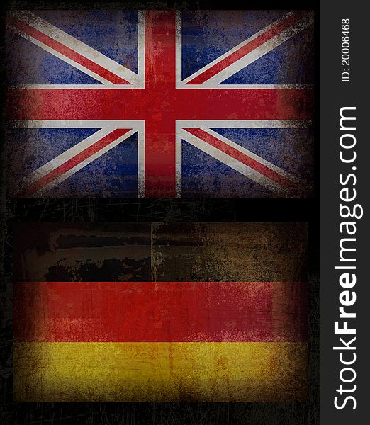 Old, Grunge British and Germany flags in black background