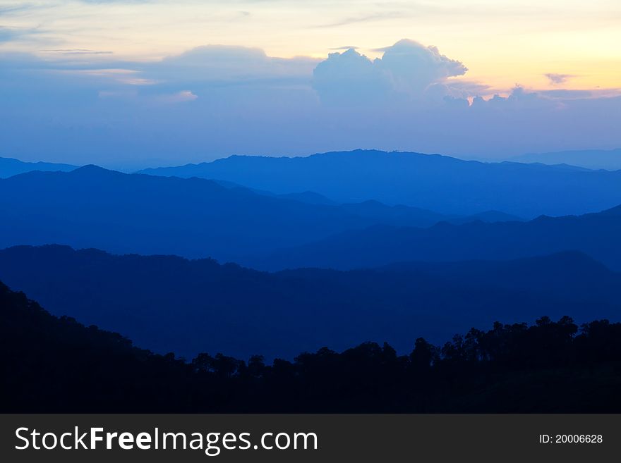 Blue sunset in the mountains