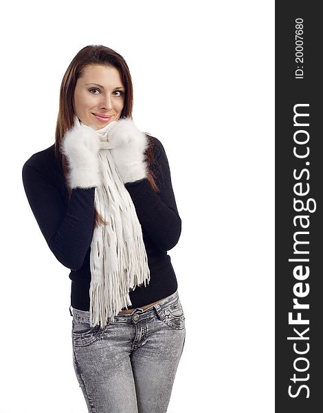 With wollen mitten scarf and sweater. With wollen mitten scarf and sweater