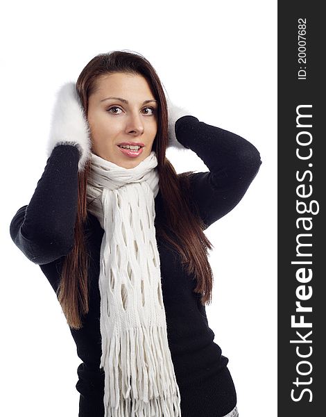 With wollen mitten scarf and sweater. With wollen mitten scarf and sweater