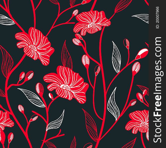 Abstract seamless dark pattern with red flowers. Abstract seamless dark pattern with red flowers