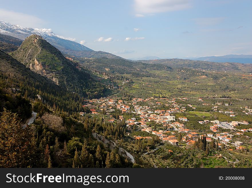 Mystras Castle, And Taygetus Mountain