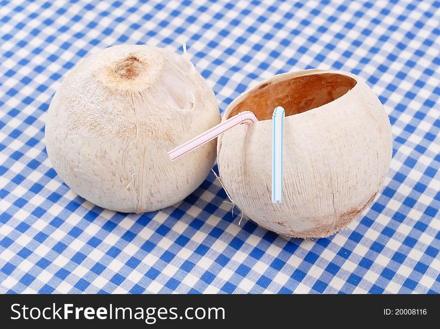 Tropical Coconut Drink Cups On Picnic Blanket