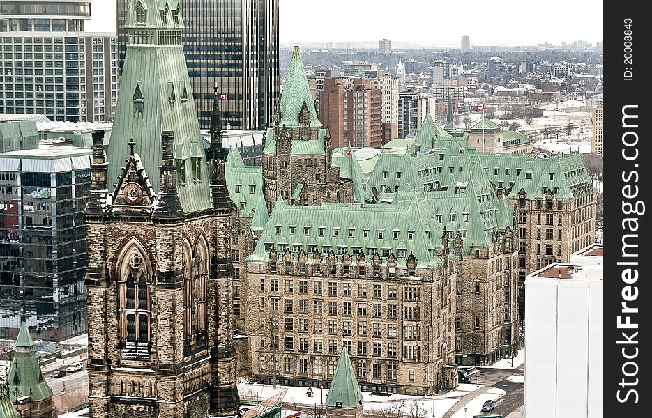 An aerial view of the Parliament buildings (West Block and Confederation Building) in Ottawa Canada. An aerial view of the Parliament buildings (West Block and Confederation Building) in Ottawa Canada.