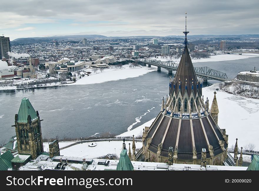 Bird's eye view of the Library of Parliament taken from the observation deck of the Peace Tower in Ottawa Canada. Bird's eye view of the Library of Parliament taken from the observation deck of the Peace Tower in Ottawa Canada.