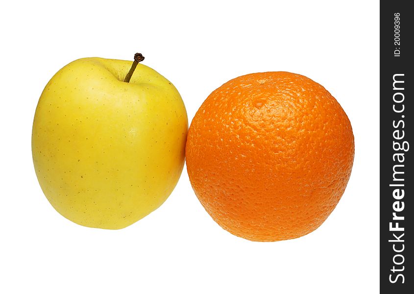 Apple and orange on a white background