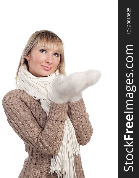 Young Woman In Sweater Wollen Mitten Sweater