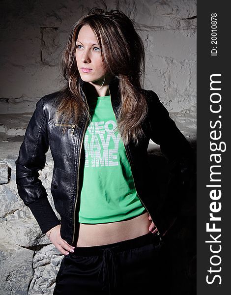 Portrait Young Woman In Leather Jacket