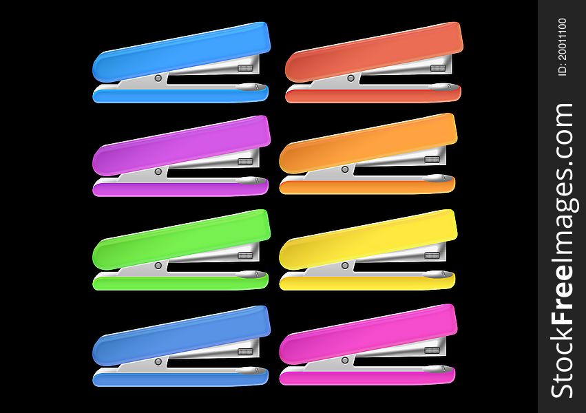 Colored staplers isolated over black background.illustration