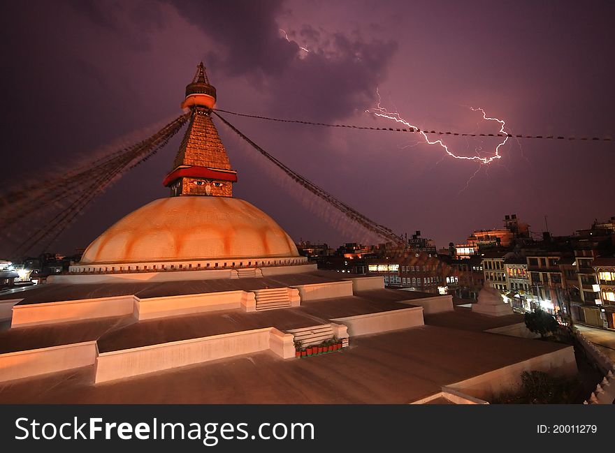 Lightning above buddhist stupa nepal. Lightning above buddhist stupa nepal