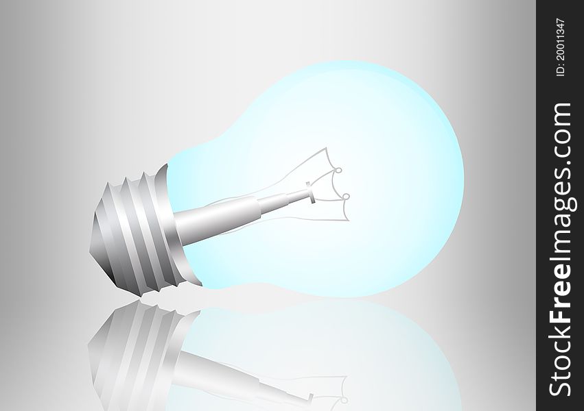 Blue and gray electric bulb with reflection over gray background