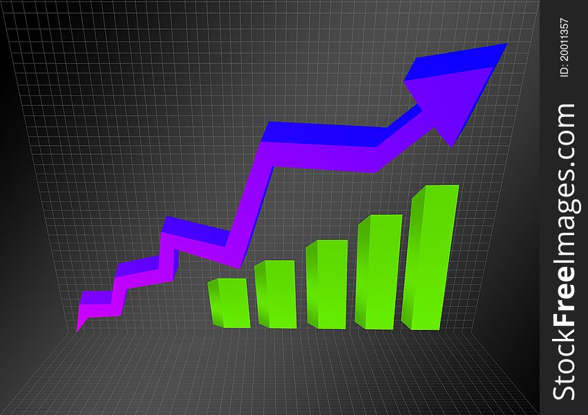 Violet and blue arrow, business graph over black background