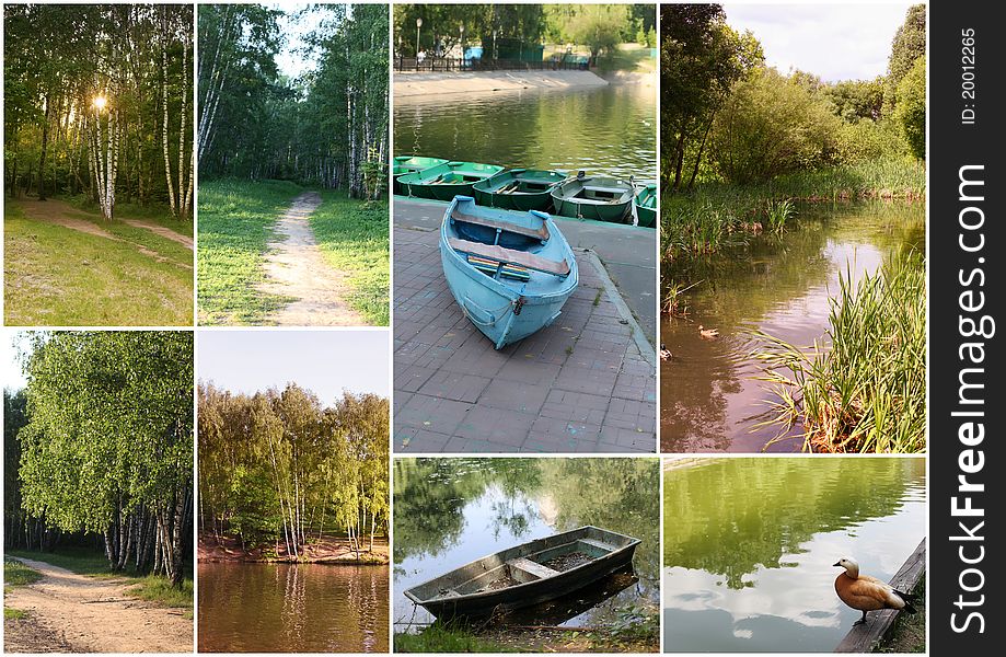 Collage of summer park images with lake and forest. Collage of summer park images with lake and forest.