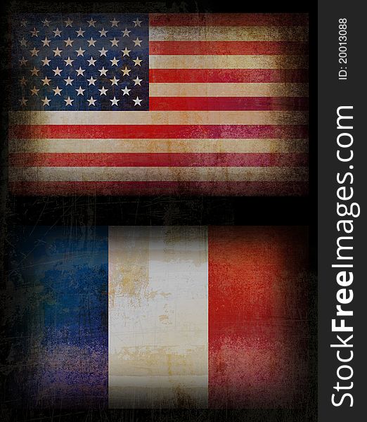 Old, grunge USA and France flags in black background