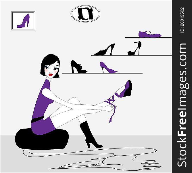 Vector Illustration of funky beautiful girl shopping for a new pair of shoes