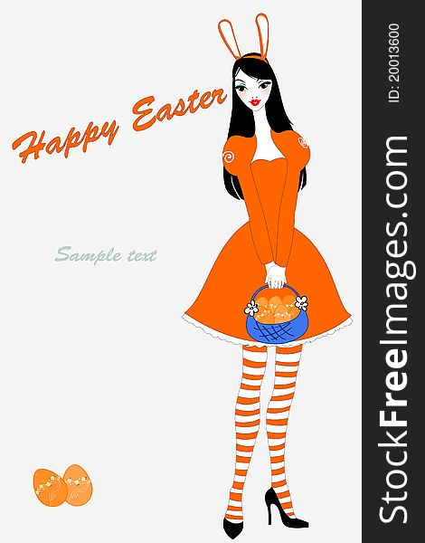 Vector illustration of funky easter gteeeting card with beautiful girl