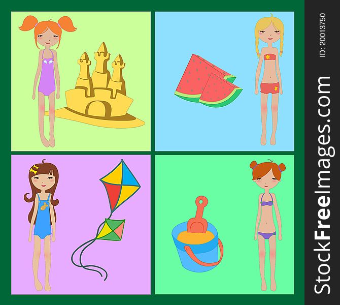 Vector Illustration of funny summer icons, decorated with little girls.
