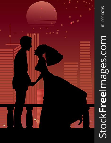 Vector illustration of cool bride and groom on the urban romantic background