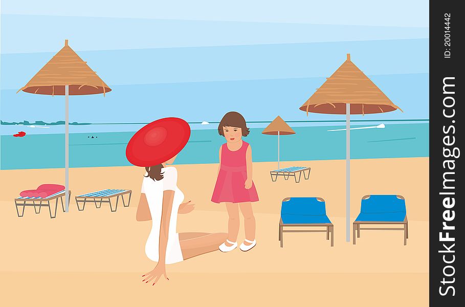 Illustration of a beautiful woman with a child on a beach holiday by the sea. Illustration of a beautiful woman with a child on a beach holiday by the sea