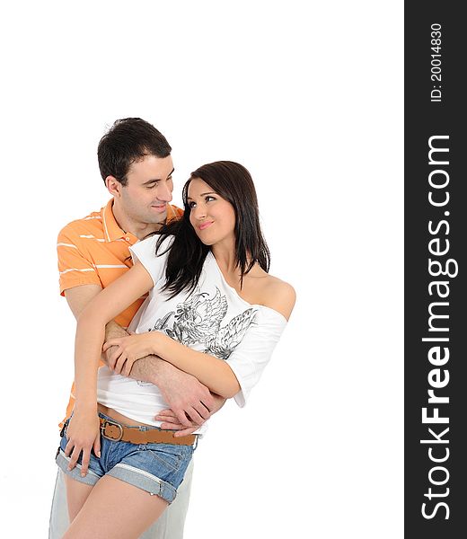 Sweet young summer couple in love having fun. isolated