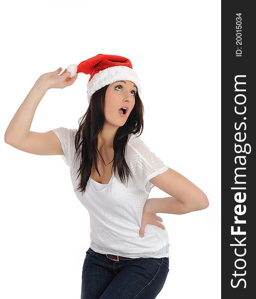 Funny pretty casual santa claus woman with red christmas hat. isolated on white background