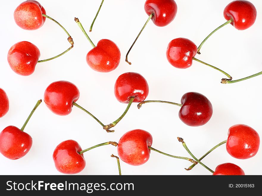 Cherries with Dewdrops on White Background