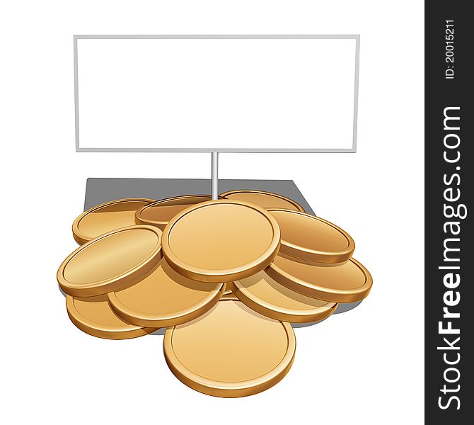 3d illustration of gold coins and blank signboard