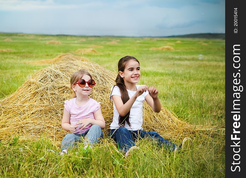 Two happy little sisters having fun in the summer day in field