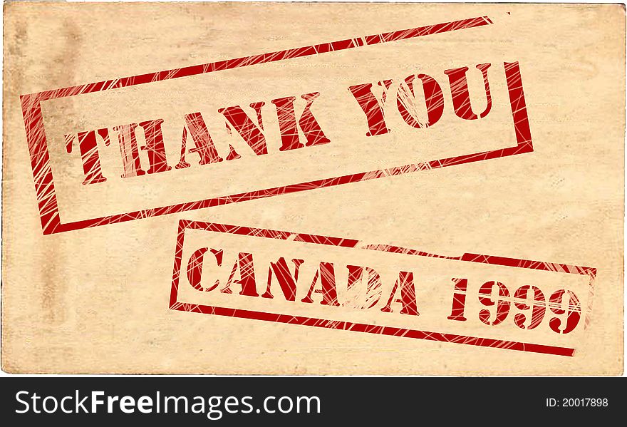 One stamp says Thank You, the other says Canada 1999 on an aged paper background. Three useable parts. One stamp says Thank You, the other says Canada 1999 on an aged paper background. Three useable parts.