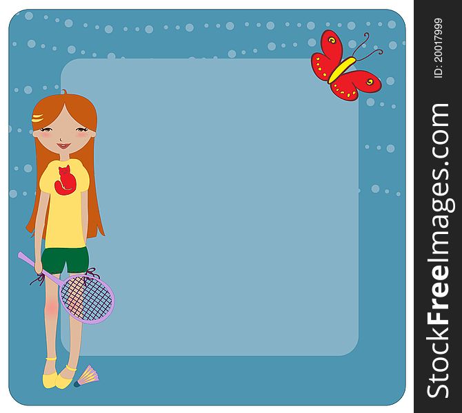Vector Illustration of cool invitation frame with funky Young girl, playing badminton