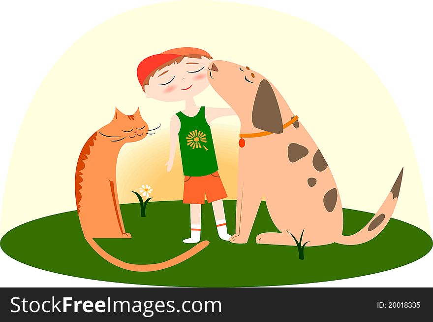 Illustration of the boy with a dog and cat, best friends on the grass. Illustration of the boy with a dog and cat, best friends on the grass