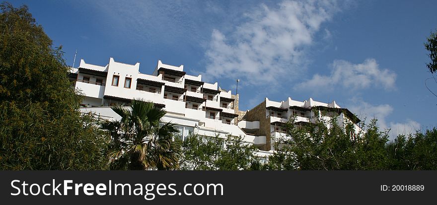 Hotel building in detail on the balconies.