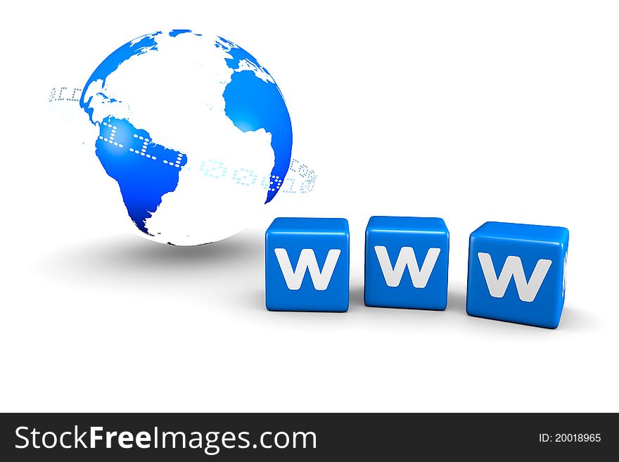 3D rendering of World globe and World Wide Web blue boxes. 3D rendering of World globe and World Wide Web blue boxes.