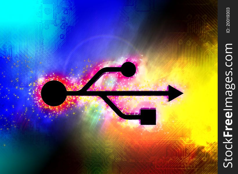 Abstract colored background with glowing usb icon. Abstract colored background with glowing usb icon