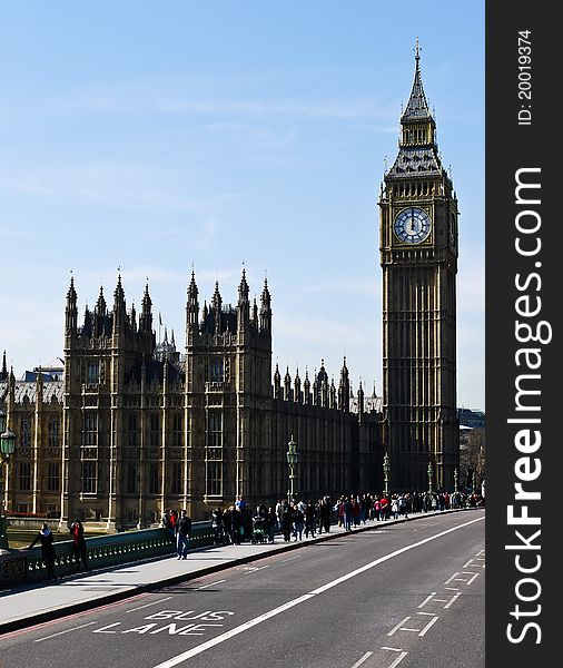 LONDON, ENGLAND - March 19, 2011: Big Ben taken on March 19, 2011 with blue sky on the background. LONDON, ENGLAND - March 19, 2011: Big Ben taken on March 19, 2011 with blue sky on the background