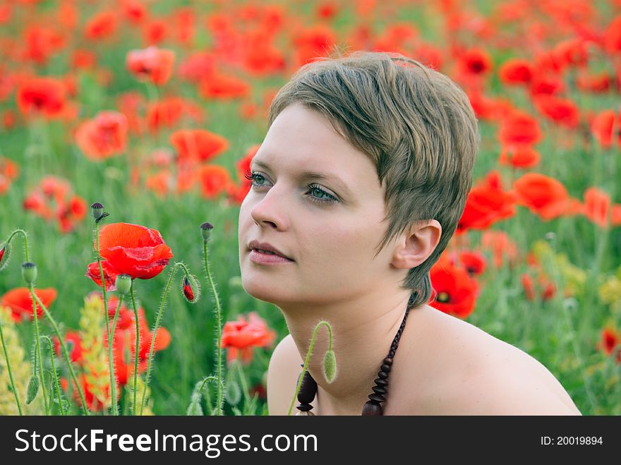 The girl in the field of poppies in the spring. The girl in the field of poppies in the spring
