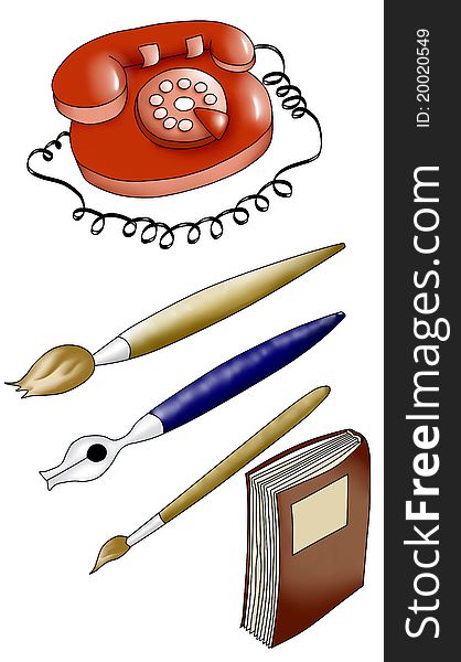 Telephone, two brushes, fountain pen ,a book.