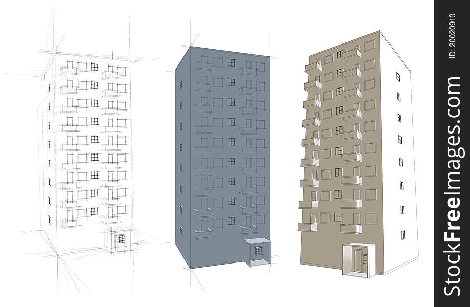 Illustration of tenement / apartment house in different styles and colors