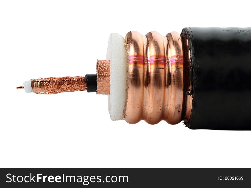 Thin and thick coaxial cable used for TV and cellular operators. Isolated on white background. Thin and thick coaxial cable used for TV and cellular operators. Isolated on white background