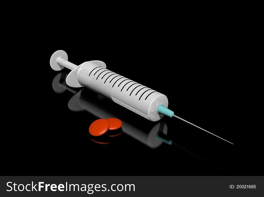 A syringe with pills on black