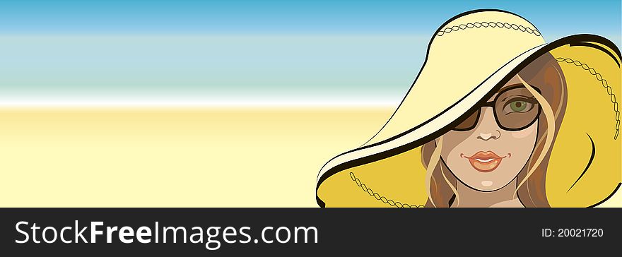 Summer time banner with illustration of a pretty girl in hat and sunglasses. Summer time banner with illustration of a pretty girl in hat and sunglasses