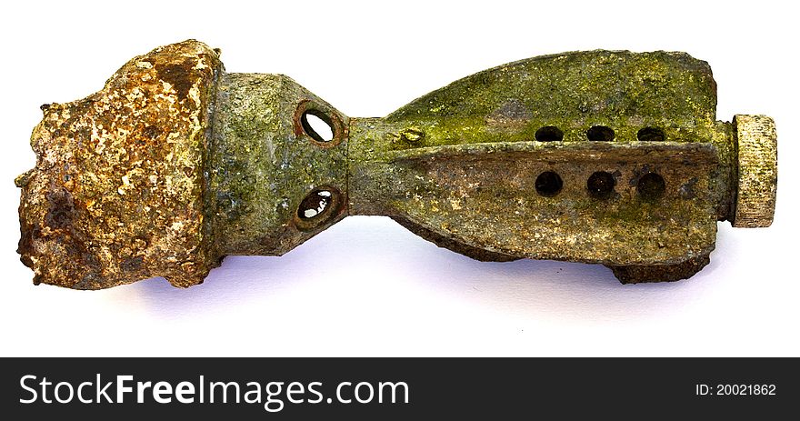 Part of a 2nd World War Mortar Bomb on a white background. Part of a 2nd World War Mortar Bomb on a white background.