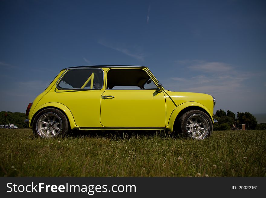 Old yellow Mini. Taken from low level